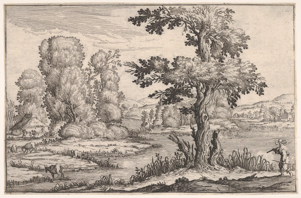 Táj folyó mellett legelésző kecskékkel, jobb előtérben egy alakkal, egy ser...-ből, 1638. alkotó: Ercole Bazicaluva