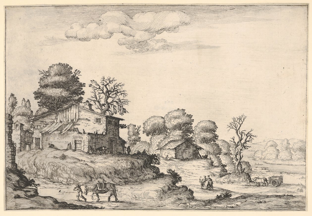 Táj parasztlakásokkal és egy lovat vezető férfival a bal előtérben, egy ..., 1638-ból. alkotó: Ercole Bazicaluva