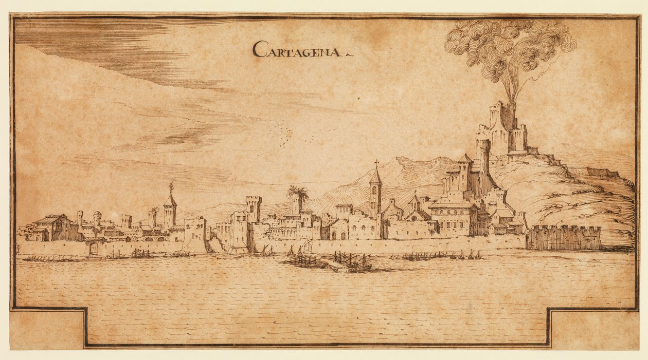 Kilátás Cartagenára, Spanyolországra, 1642 körül (toll és barna tinta fektetett papíron, alul lépcsőzetes barna tinta keretvonalak) alkotó: Ercole Frigoni Bazzicaluva