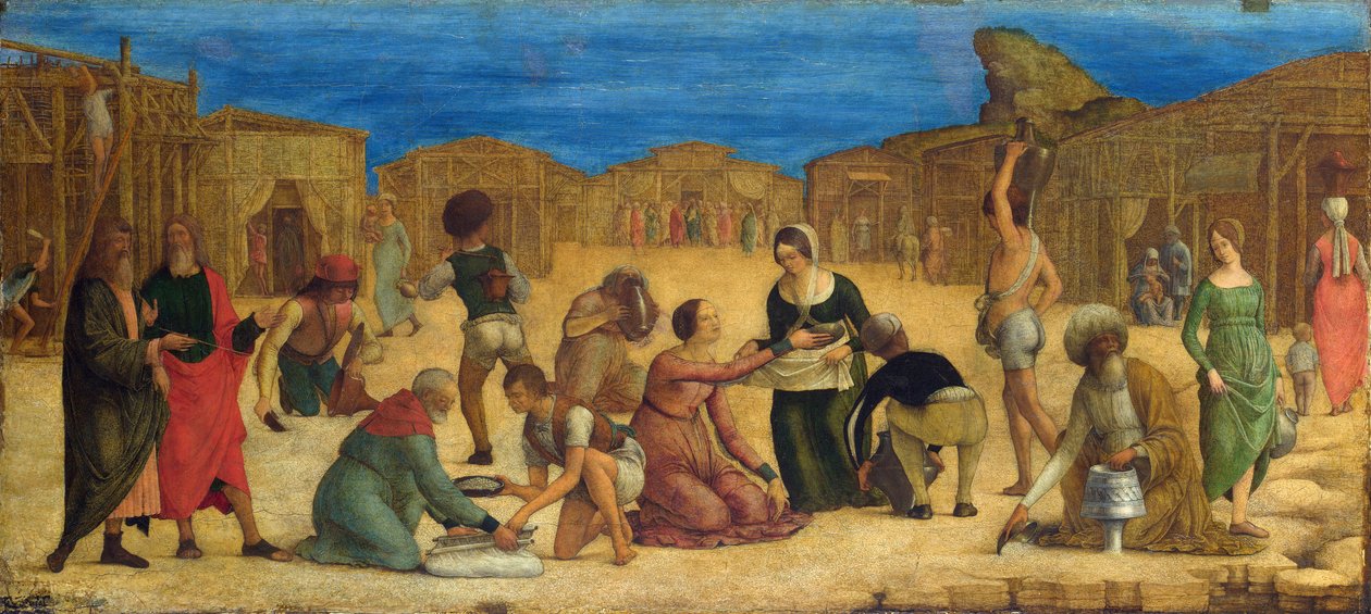 "" La recolte de la manne dans le desert du Sinai "" - De Ercole Roberti (Ercole Ferrarese) (1450-1496 körül) Az izraeliták Manna Temperát gyűjtenek vászonra, 1490-es évek Nemzeti Galériája, London 28,9x63,5 alkotó: Ercole de Roberti