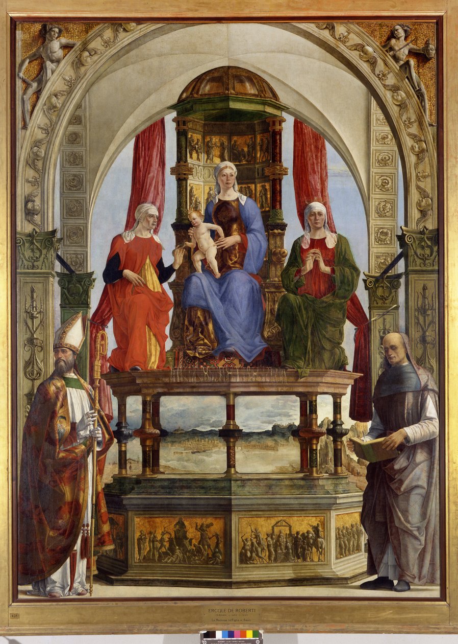 Szűzanya gyermekével, Szent Anna, Erzsébet, Ágoston és Boldog Pietro degli Onesti, 1479-91 alkotó: Ercole de Roberti
