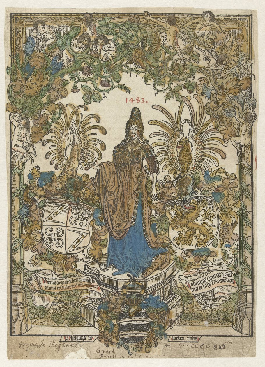 Homlokzatok nővel a talapzaton, fegyverekkel Bernhard von Breydenbach és Johannes Keretben jön alkotó: Erhard Reuwich