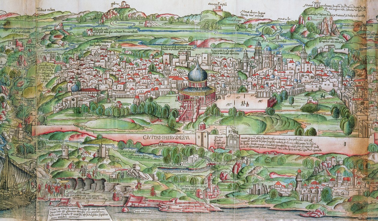 Jeruzsálem városának térképe Bernhard von Breydenbach (1440-97) „Zarándoklat a Szentföldön” című művéből alkotó: Erhard Reuwich