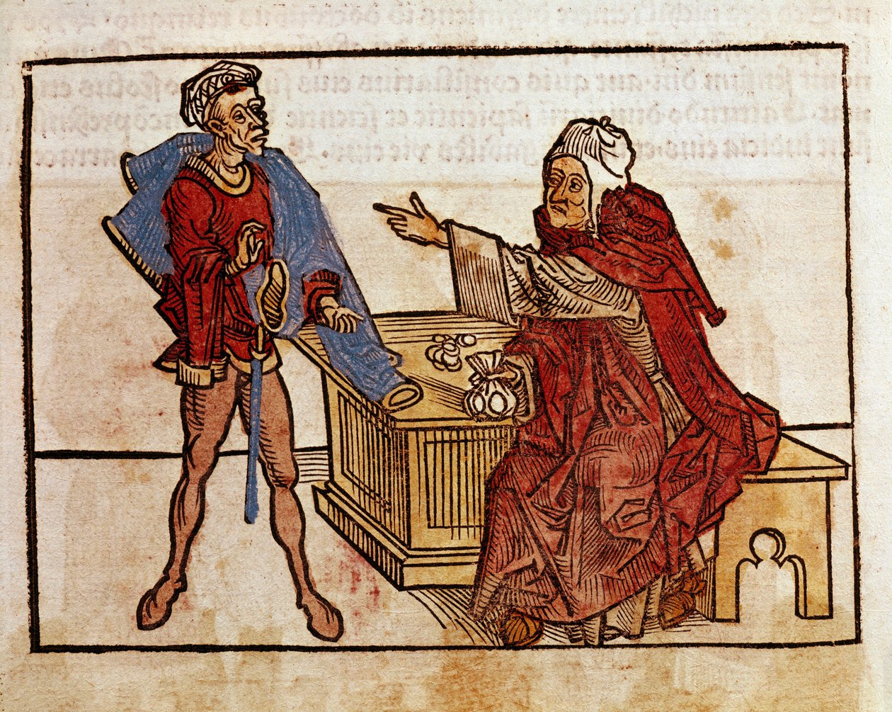 Tranzakció egy zsidó és egy kölcsöncápa között A „peregrinatio in terram sanctam” útikönyvből vett oldal Bernard de Breydenbach (Breidenbach) (1454-1497) szentföldi zarándoklata után Erhard Reuwich metszeteivel illusztrálva alkotó: Erhard Reuwich