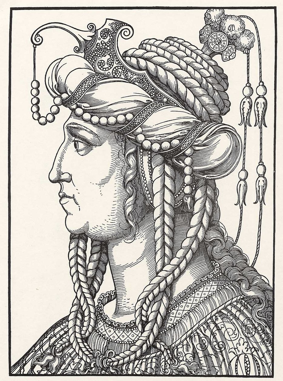 ""Roxelane szultána (Russelazie (a ruszin) vagy Hurrem (született: Anastasia Lisovska, 1500-1558 körül) a Csodálatos Szulejmán szultán feleségének portréja"" Erhard Schoen (1491-1592) fametszete, 153 körüli Gothagliches Múzeum alkotó: Erhard Schon