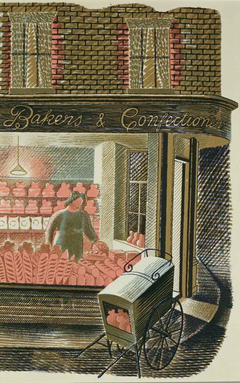 The Bakers and Confectioners, nyomtatta a Curwen Press, a „High Street”-ből, J. M. Richards, kiadta a „Country Life”, 1938 (24 darabos készlet) (színes litográfia) alkotó: Eric Ravilious