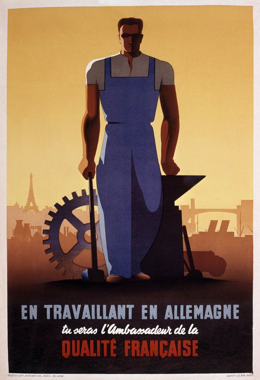 Az STO (1943-ban, Franciaország német megszállása idején létrehozott kötelező munkaszervezet) francia propagandaplakátja. alkotó: Eric Castel