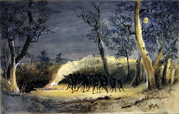 Native Corroboree at Night (ceruza, akvarell és gumiarábikum papíron) alkotó: Eric Gill