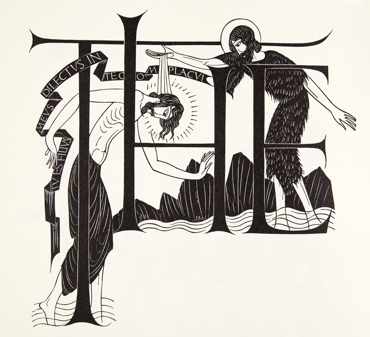 Keresztelő János Jézus megkeresztelkedése a négy evangéliumból alkotó: Eric Gill