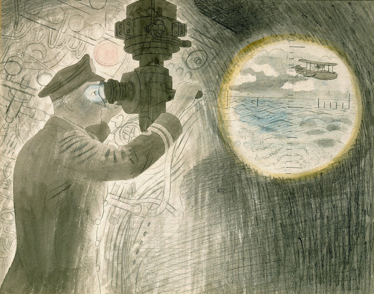 Egy tengeralattjáró (tengeralattjáró) tisztje a periszkópon keresztül nézi. Akvarell és ceruza, papír alkotó: Eric Ravilious