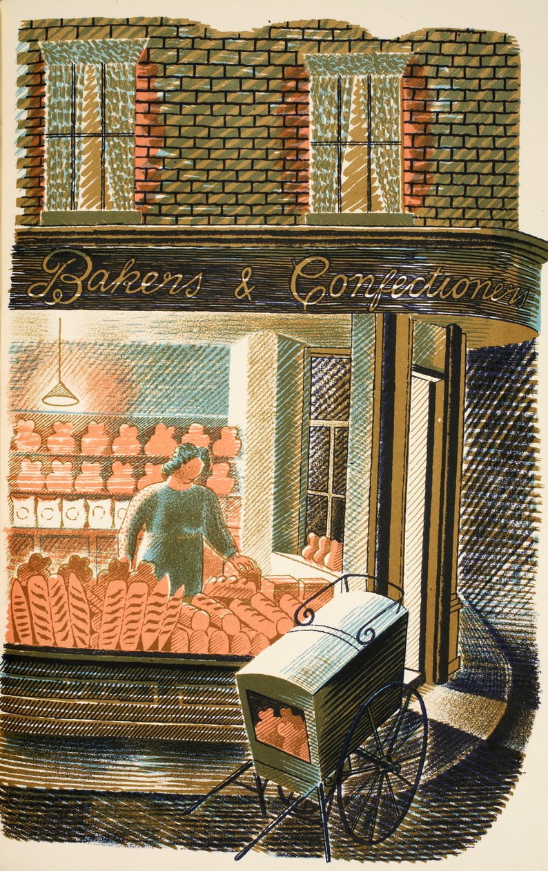 Pék és cukrász, illusztráció J. M. Richards "High Street" című művéből, a Curwen Press nyomdája, a Country Life kiadása, 1938. alkotó: Eric Ravilious