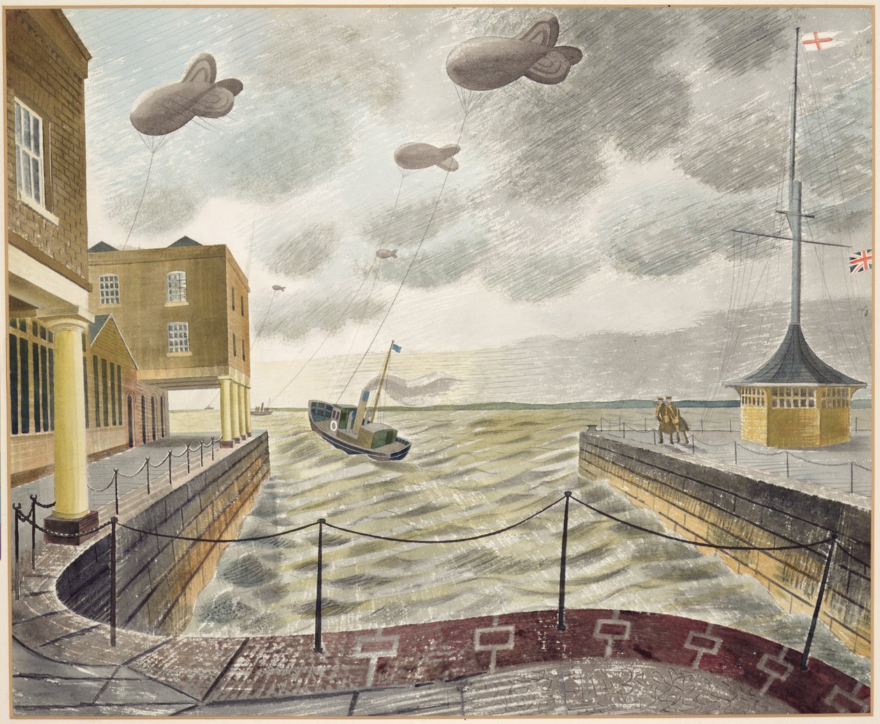 Vízlépcső léggömbök a brit kikötőn kívül (ceruza és akvarell papíron) alkotó: Eric Ravilious