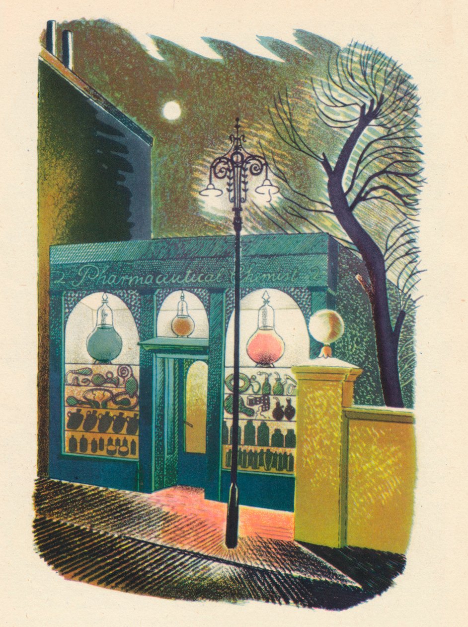 Éjszakai vegyészbolt, 1938, 1946 alkotó: Eric Ravilious