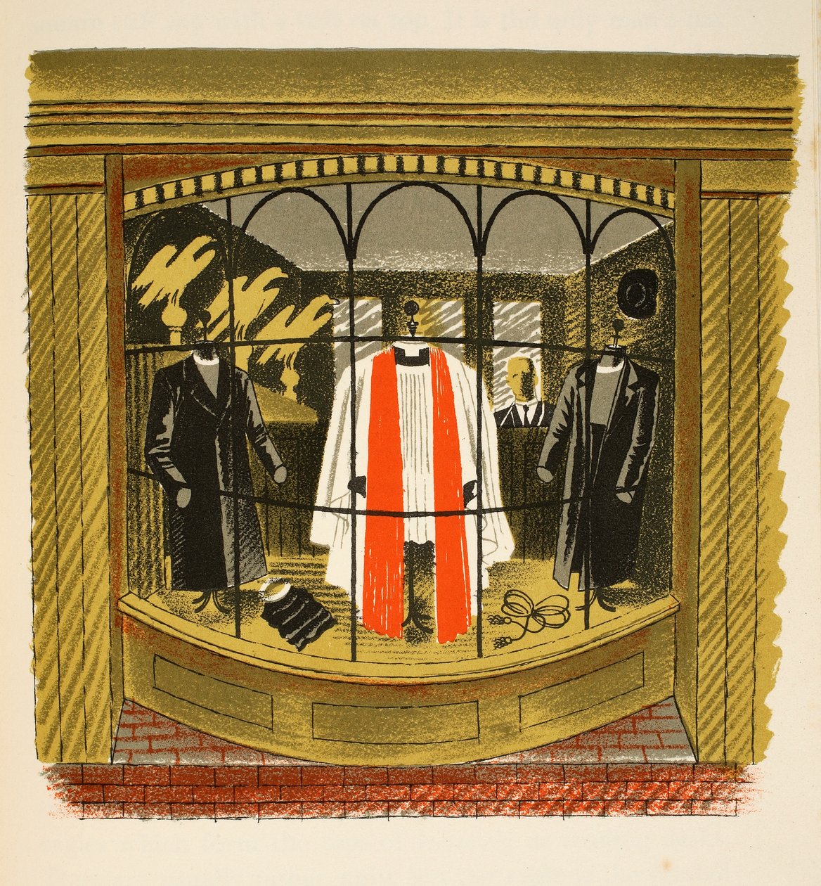 Clerical Outfitter, illusztráció a „High Street”-ből, J. M. Richards, nyomtatta a Curwen Press, pub. Országélet, 1938 alkotó: Eric Ravilious