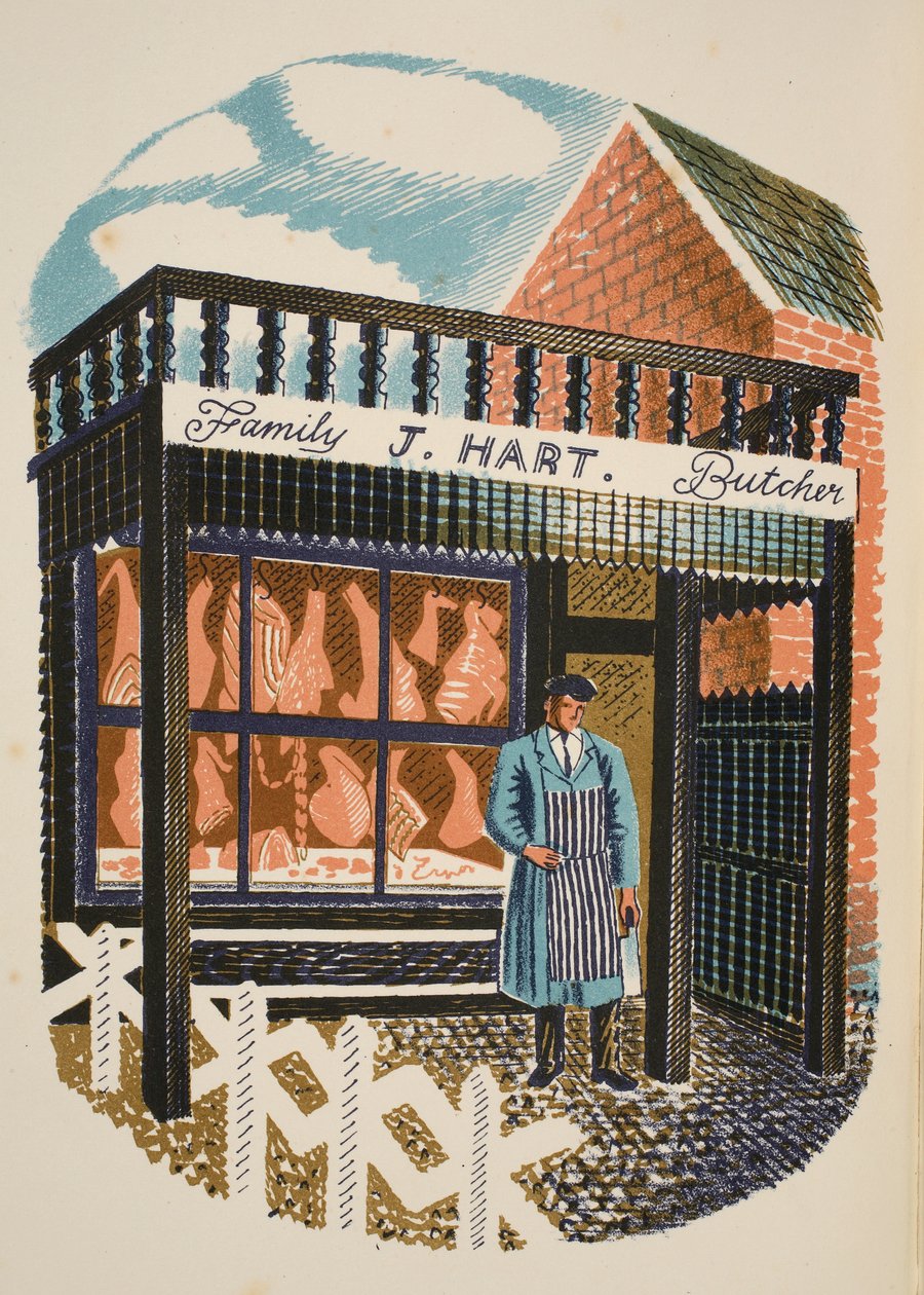 Family Butcher, illusztráció a „High Street”-ből, J. M. Richards, nyomtatta a Curwen Press, pub. Országélet, 1938 alkotó: Eric Ravilious