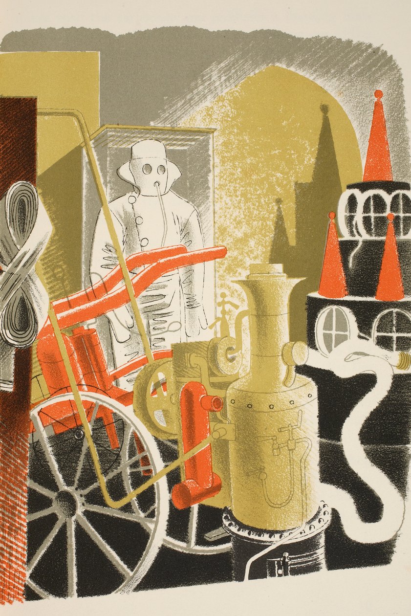 Fire Engineer, illusztráció J.M. Richards "High Street" című művéből, a Curwen Press nyomdája, a Country Life kiadása, 1938. alkotó: Eric Ravilious