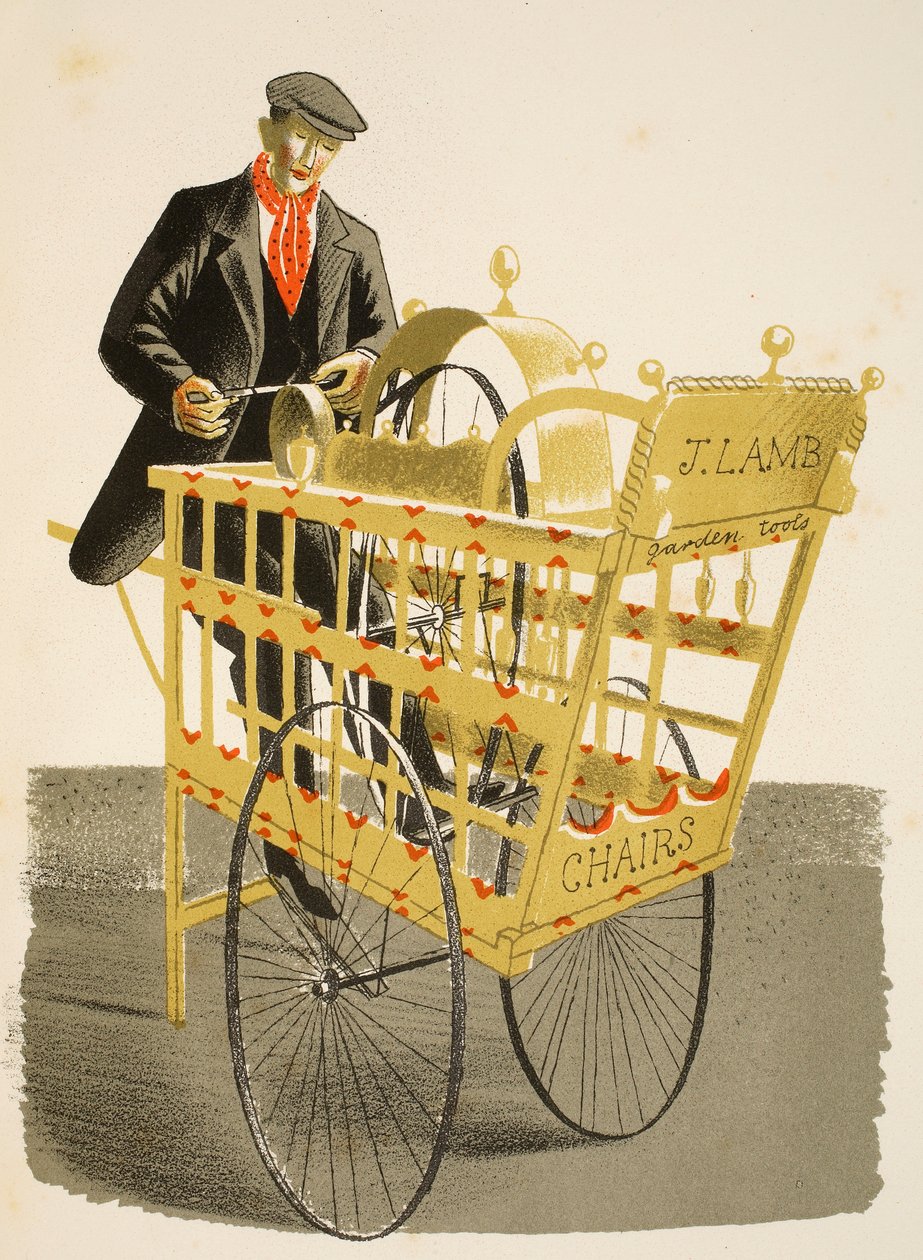 Késdaráló, J. M. Richards „High Street” illusztrációja, nyomtatta a Curwen Press, pub. Országélet, 1938 alkotó: Eric Ravilious
