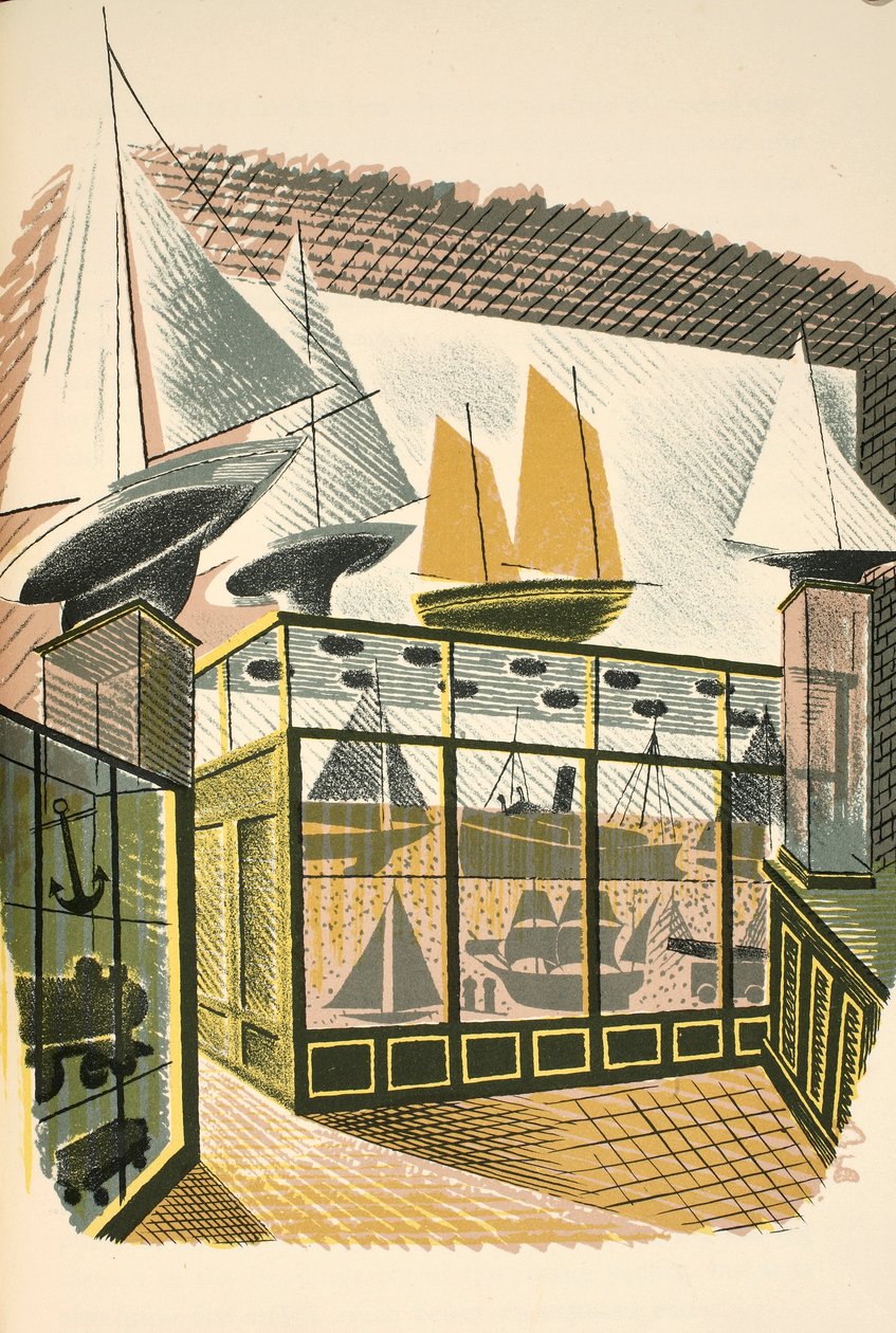 Hajómodellek és vonatok, illusztráció a „High Street”-ből, J. M. Richards, nyomtatta a Curwen Press, pub. Országélet, 1938 alkotó: Eric Ravilious
