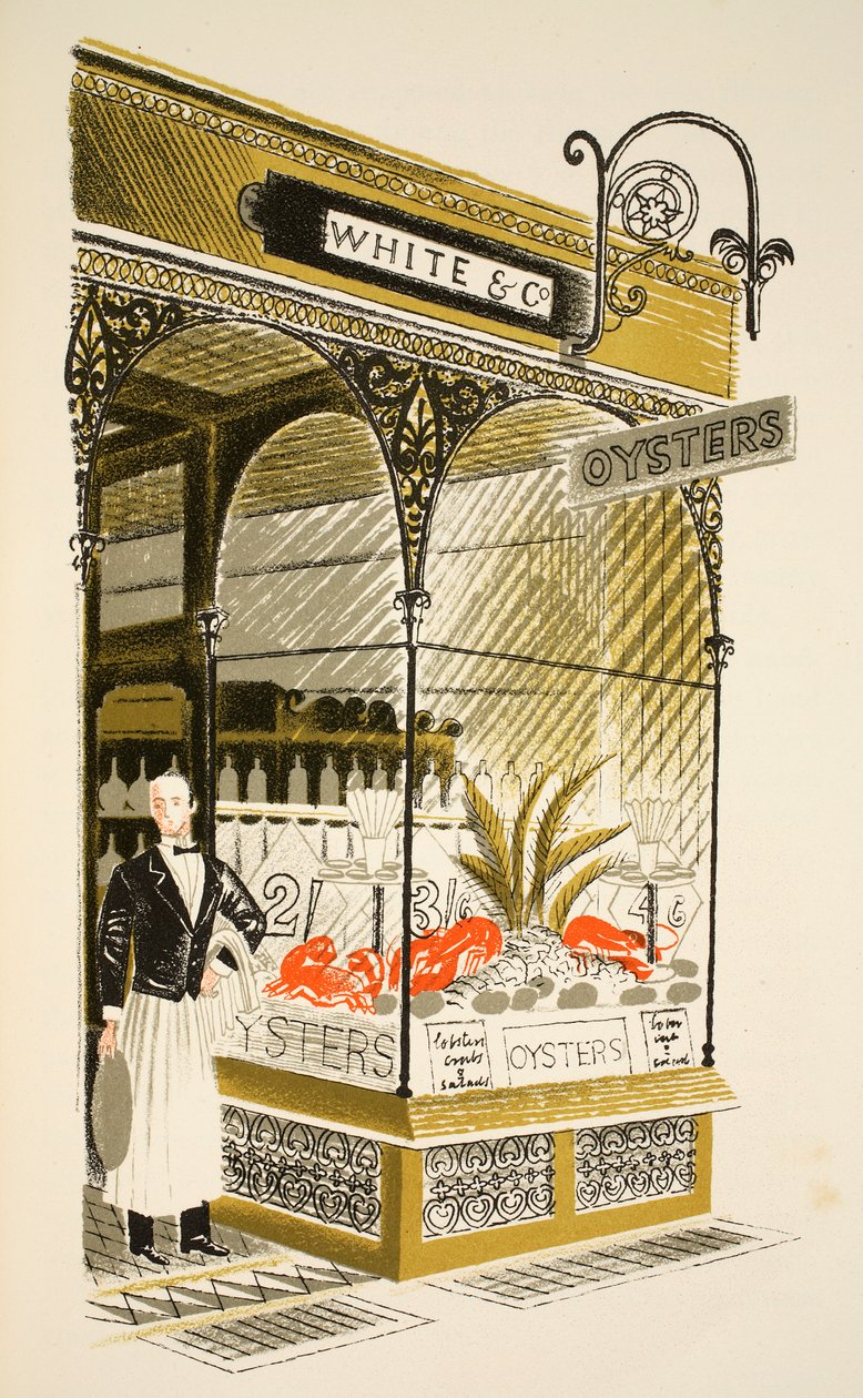 Oyster Bar, illusztráció a „High Street”-ből, J. M. Richards, nyomtatta a Curwen Press, pub. a Country Life által alkotó: Eric Ravilious