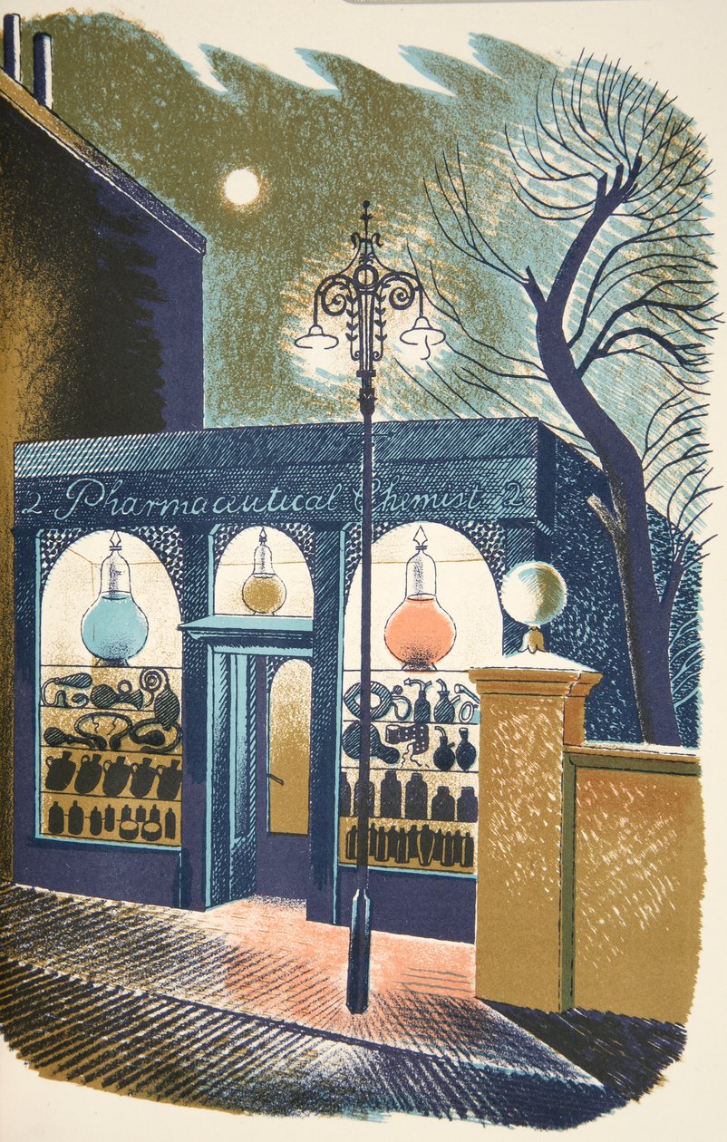 Gyógyszertár, illusztráció a „High Street”-ből, J. M. Richards, nyomtatta a Curwen Press, pub. Országélet, 1938 alkotó: Eric Ravilious