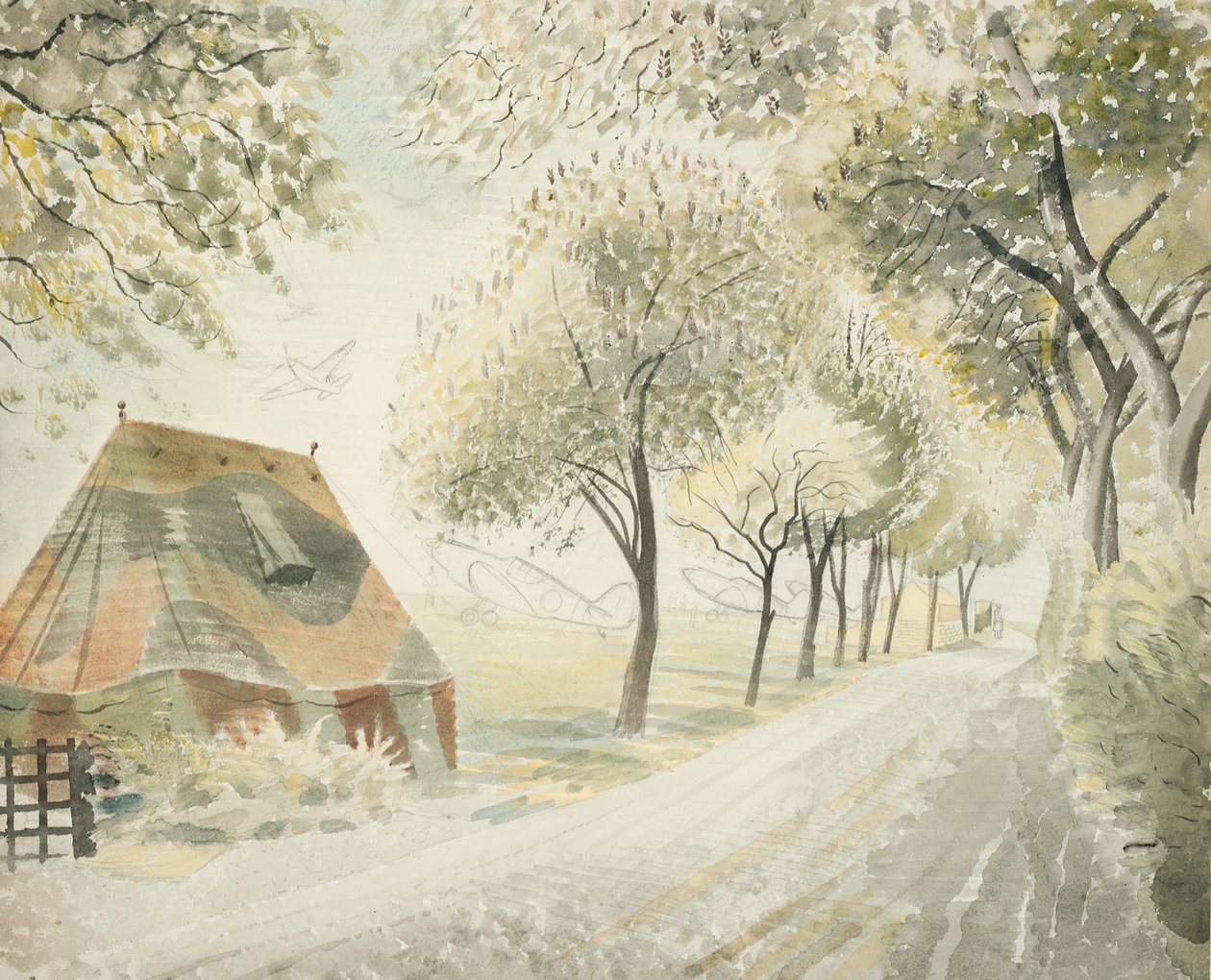 Út egy repülőtér mellett, 1942 körül alkotó: Eric Ravilious