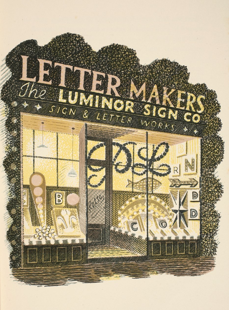 Sign Maker, illusztráció a „High Street”-ből, J. M. Richards, nyomtatta a Curwen Press, pub. Országélet, 1938 alkotó: Eric Ravilious