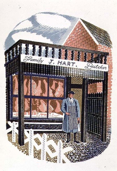The Butchers Shop, nyomtatta a Curwen Press, a High Streetről, J. M. Richards, kiadta a Country Life, 1938 (24 darabos készlet) alkotó: Eric Ravilious