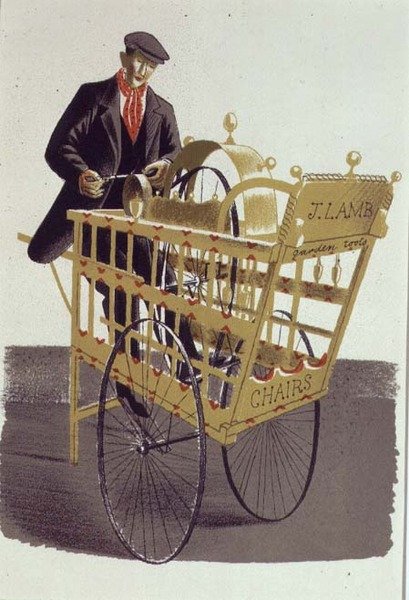 The Knife Grinder, a Curwen Press által nyomtatott, J. M. Richards "High Street" című művéből, amelyet a "Country Life" adott ki. alkotó: Eric Ravilious