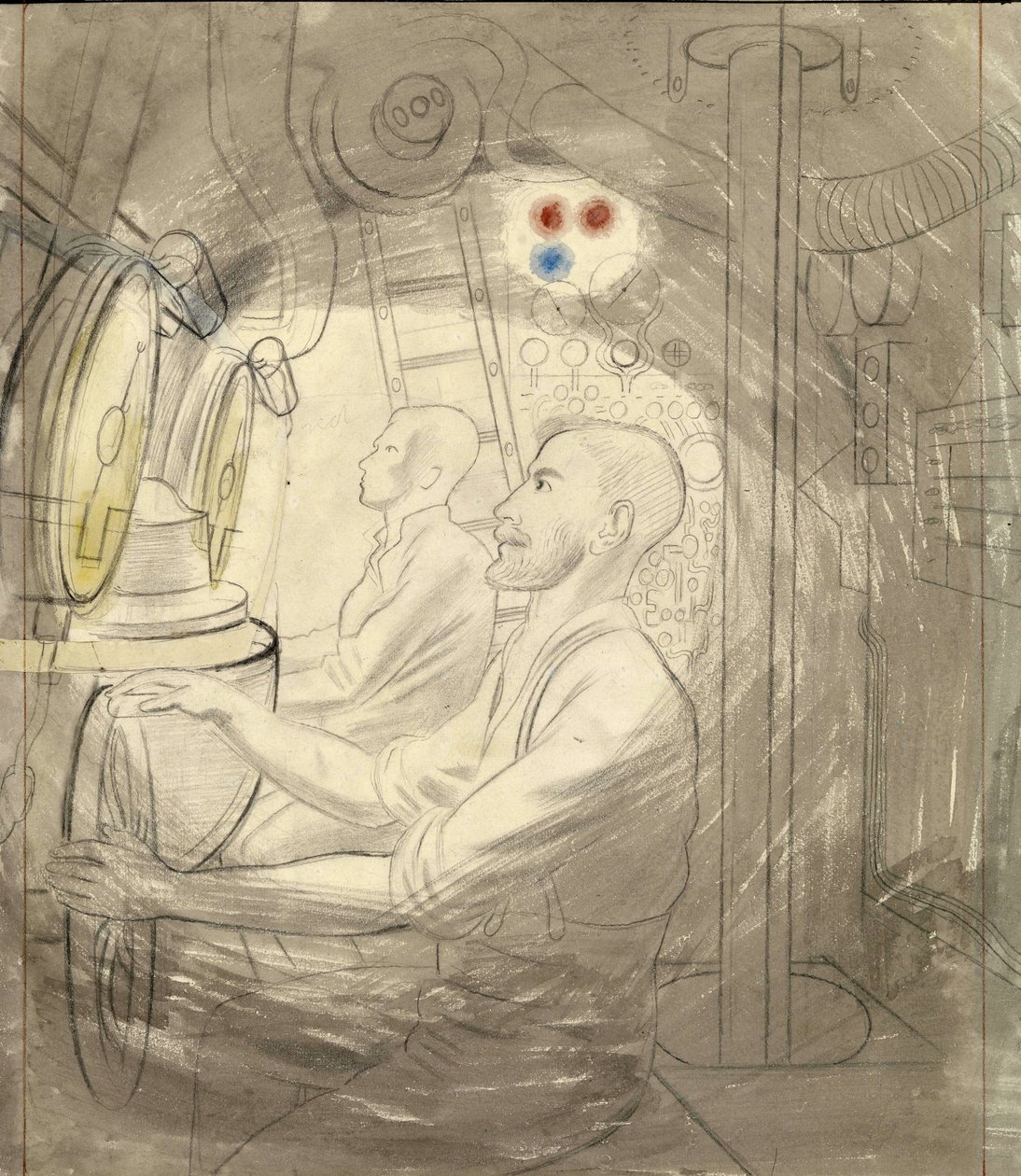 Egy tengeralattjáró merülésirányító helyisége. Eric Ravilious (1903-1942) ceruzasorozata, egy tengeralattjáró fedélzetén a második világháború alatt (1939-1945). alkotó: Eric Ravilious