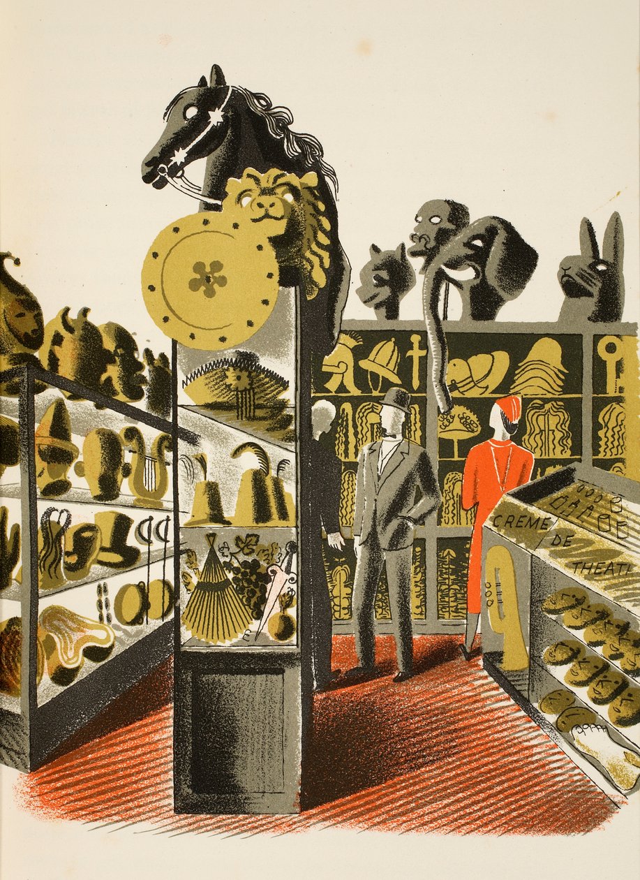 Színházi jelmez- és kellékkölcsönző üzlet, illusztráció J.M. Richards "High Street" című művéből, a Curwen Press nyomdája, a Country Life kiadása, 1938. alkotó: Eric Ravilious