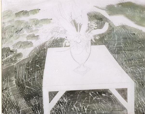 Váza virágokkal a kertben (ceruza és akvarell papíron) alkotó: Eric Ravilious