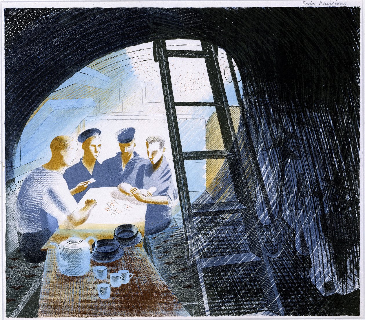 Egy tengeralattjáró tisztikonyhájának látképe, főzőedényekkel és négy tengerész kártyázik alkotó: Eric Ravilious