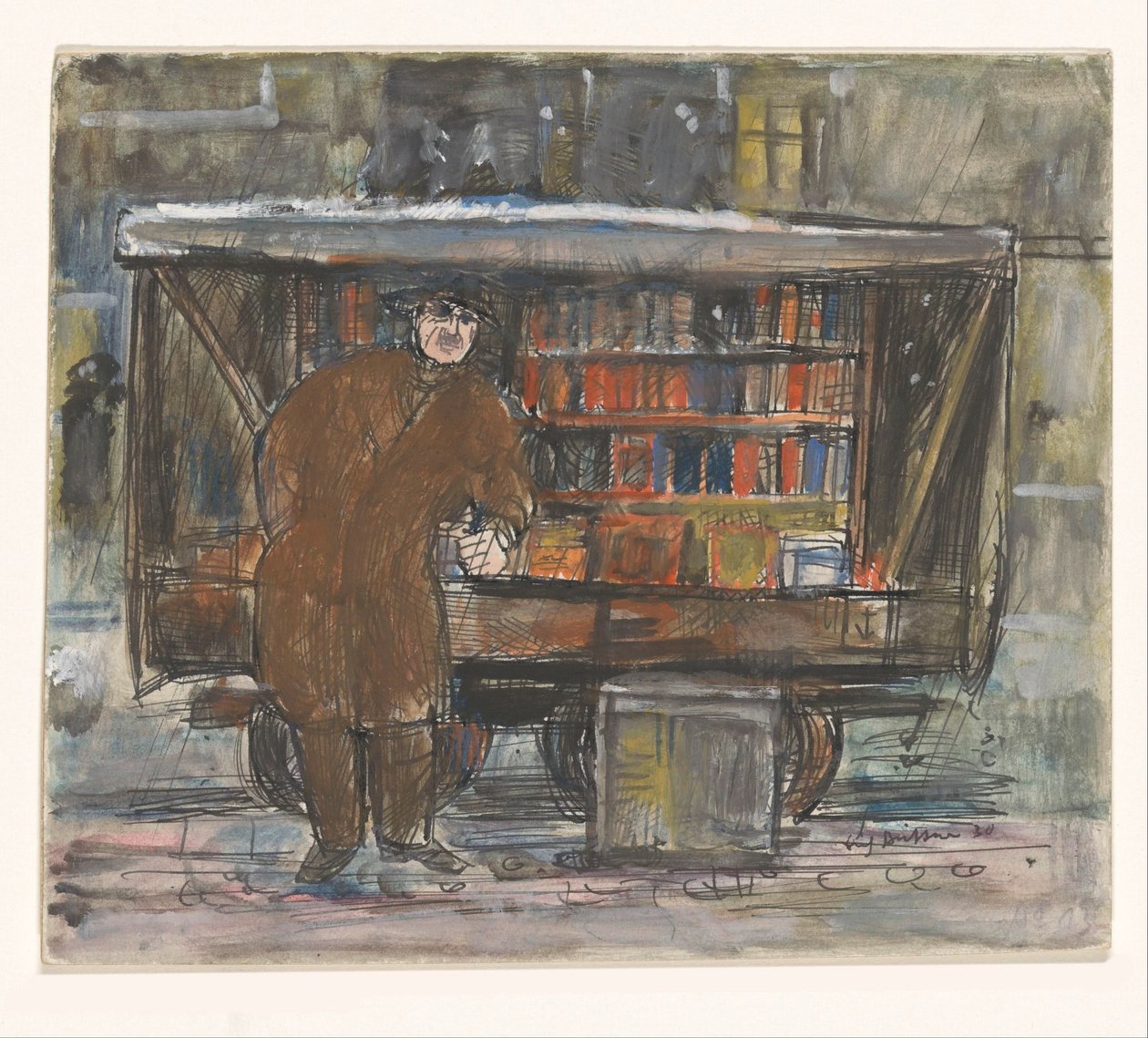 Könyvkereskedő a könyveskocsija előtt alkotó: Erich Büttner (signed by artist)