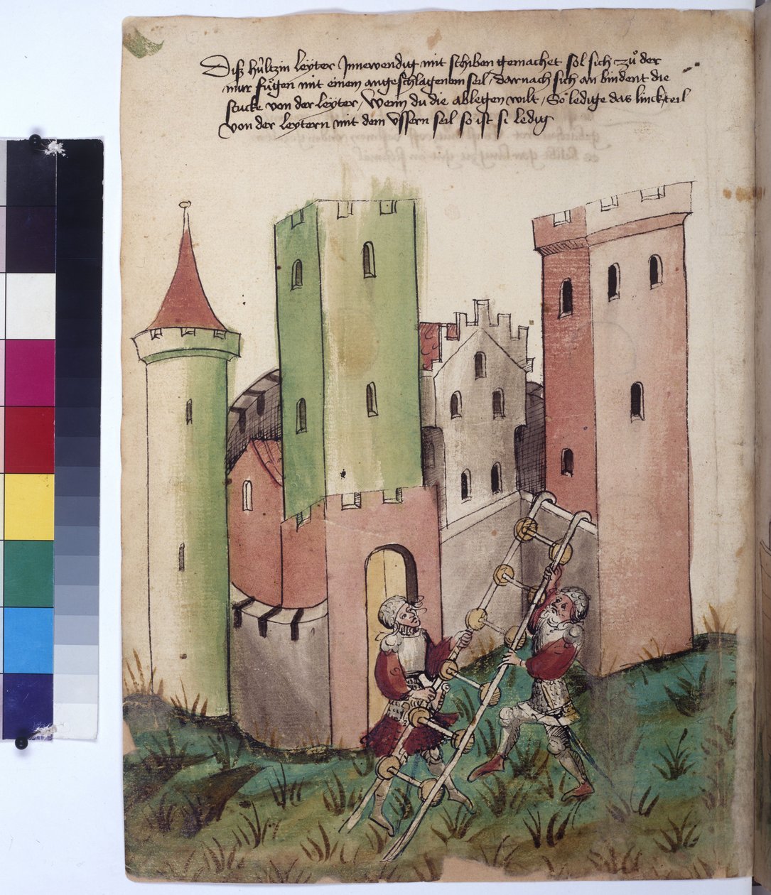 Egész oldal: vár és használati utasítás egy kerekes létra használatához, 1430 körül (színes tollrajz) alkotó: Erich Lessing