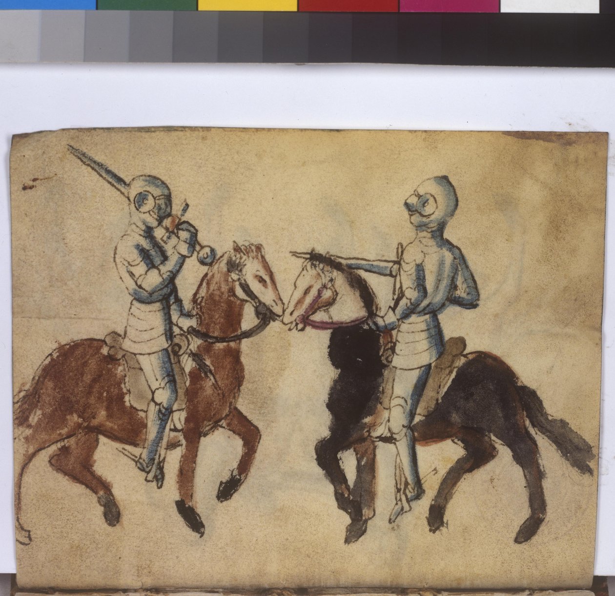 Egész oldal: vívójelenet lóháton, 15. század közepe (toll és ecset rajz) alkotó: Erich Lessing