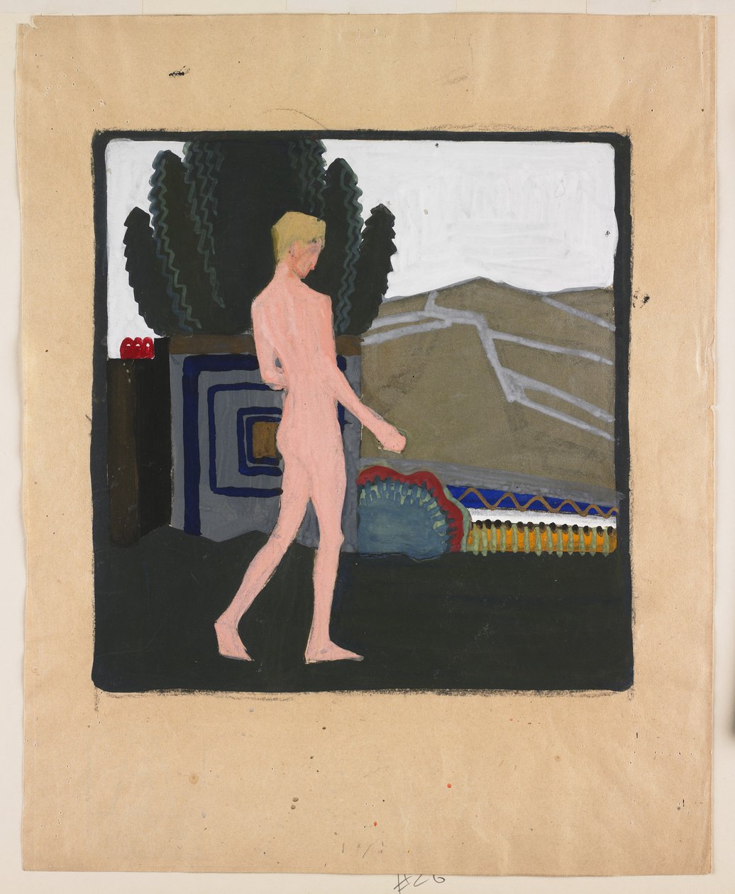 Álló férfiakt tájképben, 1914 körül (gouache, papír) alkotó: Erich Mallina