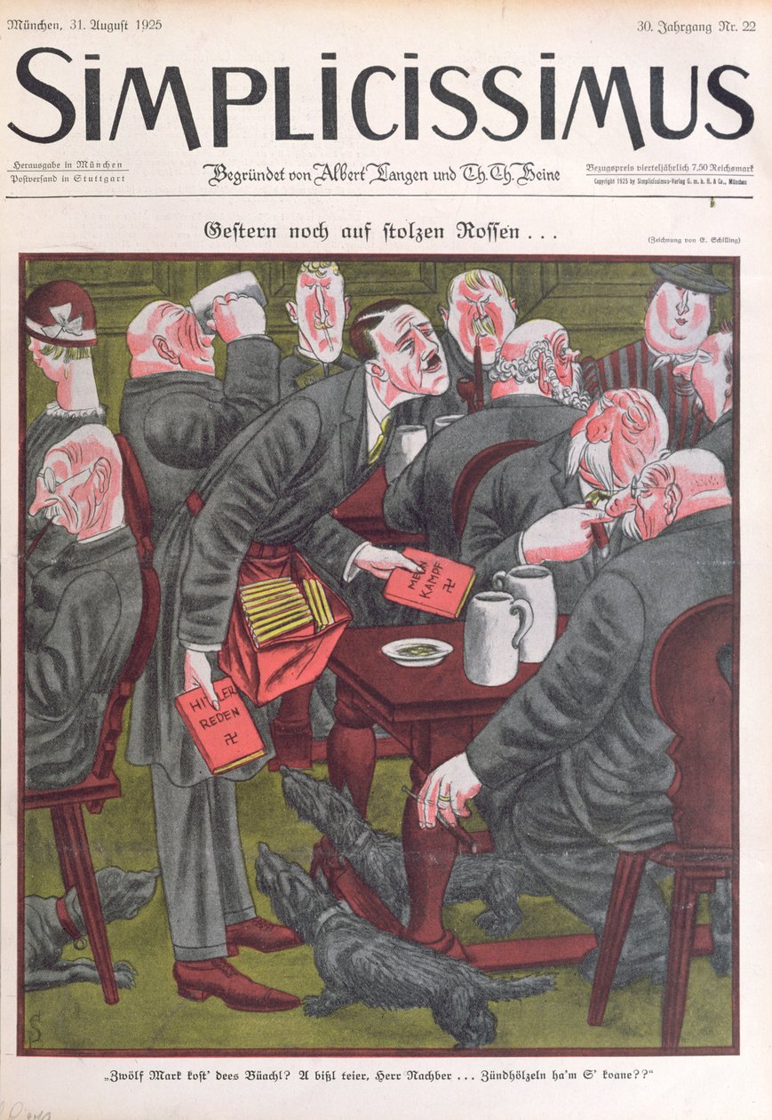 Adolf Hitler (1889-1945) a "Mein Kampf" példányait árulja a müncheni sörcsarnokokban, a "Simplicissimus" borítója, 1925. augusztus 25. (színes litó) alkotó: Erich Schilling