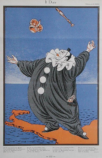 Benito Mussolini (1883-1945) karikatúrája a „Simplicissimus” folyóiratból. 1926. február 8. (színes litó) alkotó: Erich Schilling