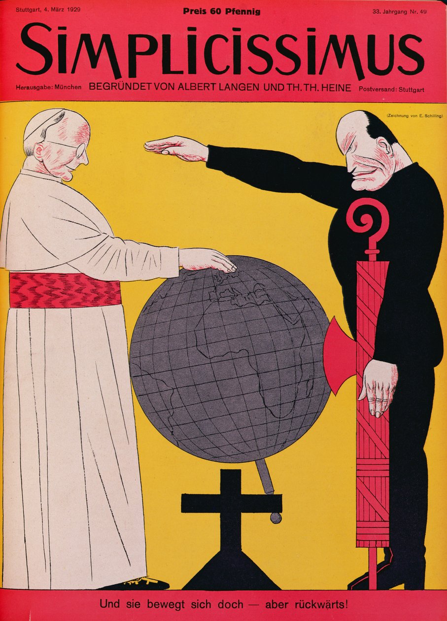 Pius pápa (1857-1939) és Mussolini (1883-1945) az 1929-es lateráni békeszerződés idején, a Simplicissimus magazin címlapillusztrációja, 1929. március 4. (színes litó) alkotó: Erich Schilling