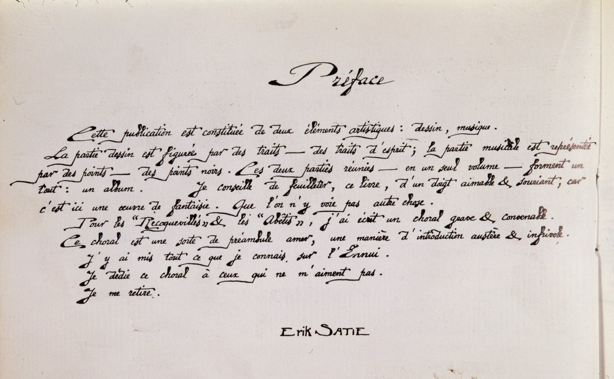 Kotta kéziratos előszó oldala rajzokkal alkotó: Erik Satie