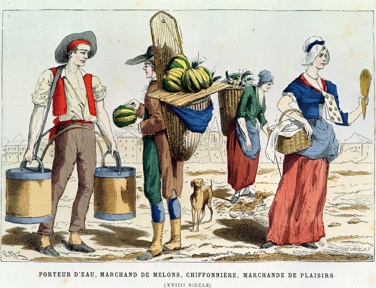 Vízhordó; dinnyeárus, rongyos-csontos nő és édességárus a tizennyolcadik században, a Costumes de Paris a Travers les Siecles című kötetből, szerk. Roy, megjelent 1887 (színes metszet) alkotó: Eriz
