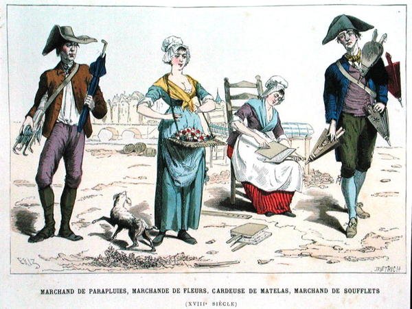 Esernyőárus, virágárus, matracgyapjú kartonos és fújtató eladó a 18. században, a Costumes de Paris a Travers les Siecles kiadásából. Roy, megjelent 1887 (színes metszet) alkotó: Eriz (after)