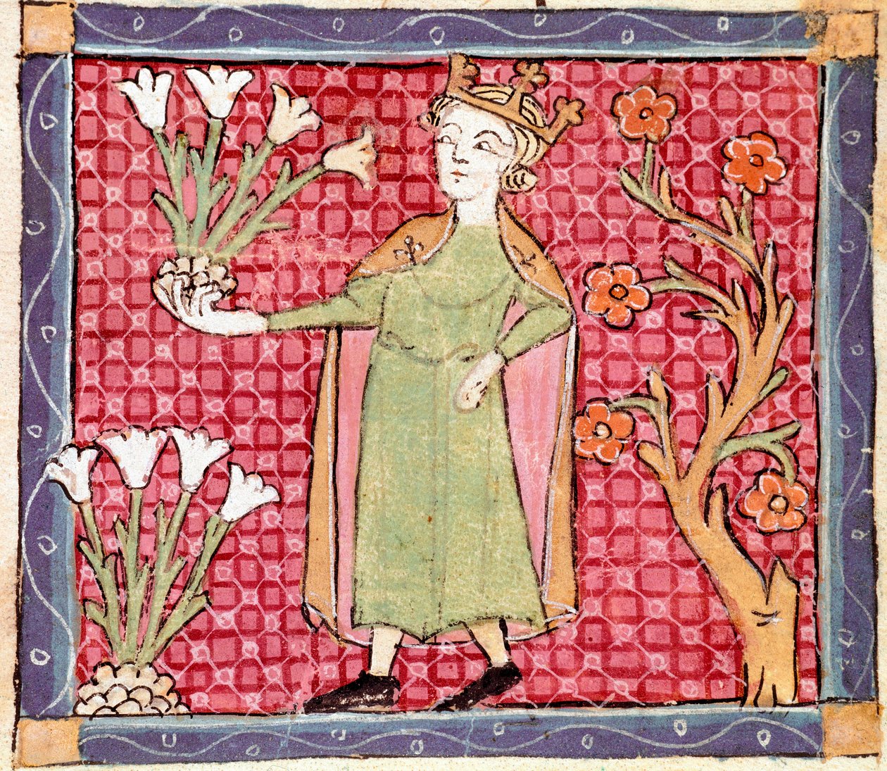 Április: növények szedése. Miniatűr Ermengol de Beziers (Matfre Ermengau) (Ermengaud) „Breviaire d