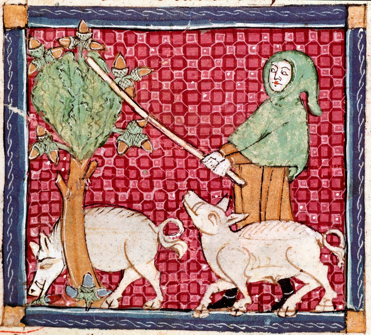 Szeptember: makkot evő malacok. Miniatűr Ermengol de Beziers (Matfre Ermengau) (Ermengaud) „Breviaire d