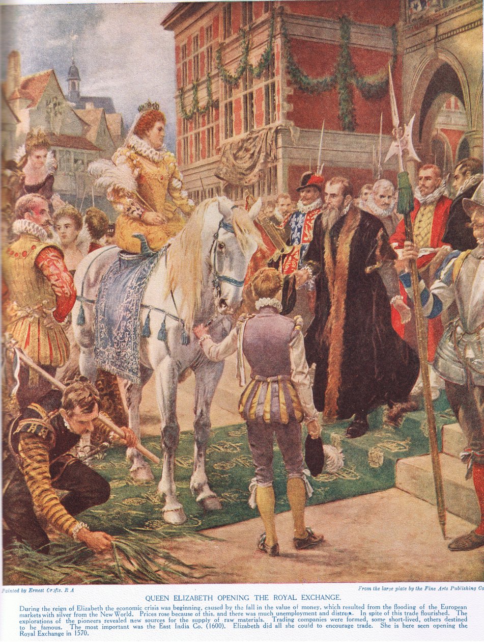 I. Erzsébet királynő megnyitotta a királyi tőzsdét 1570-ben, illusztráció Hutchinsonból: A brit nemzet története alkotó: Ernest Crofts