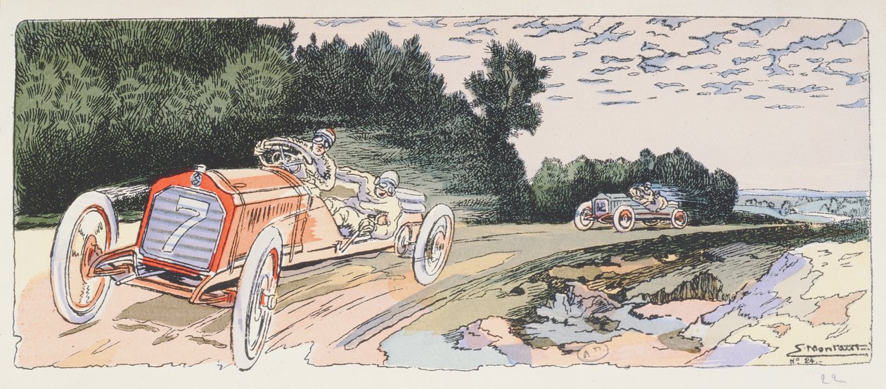 Arthur Duray a Lorraine-Dietrichben, 1906-ban az Ardennek-ralin versenyzett, 1910 körül alkotó: Ernest Montaut