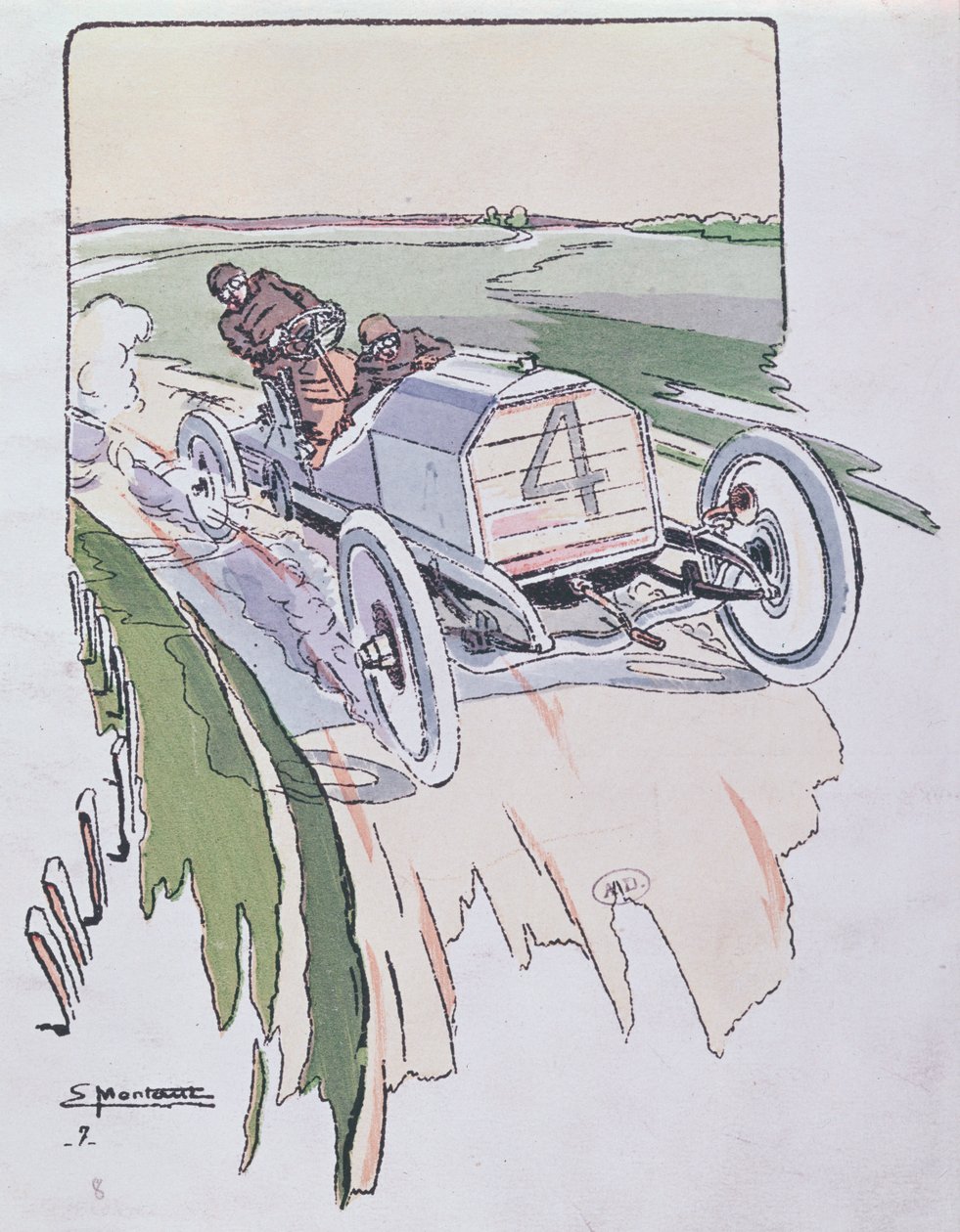 Camille Jenatzy Mercedesével a Gordon-Bennett versenyen 1903-ban, 1910 körül alkotó: Ernest Montaut