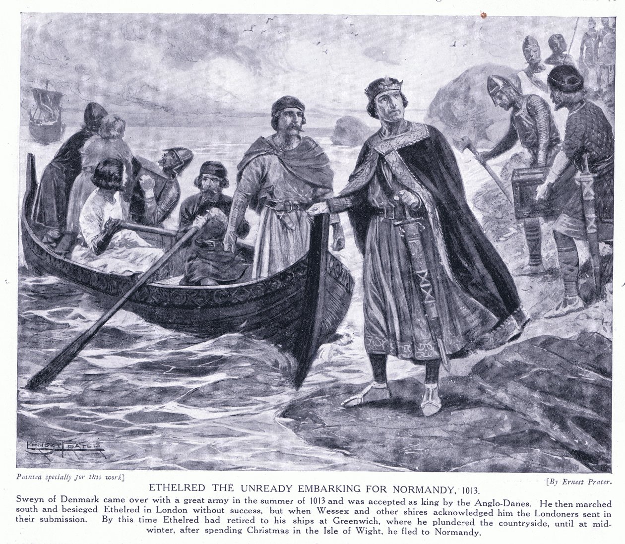 Ethelred a készenlétben indul Normandiába AD1013, 1920-as évek alkotó: Ernest Prater