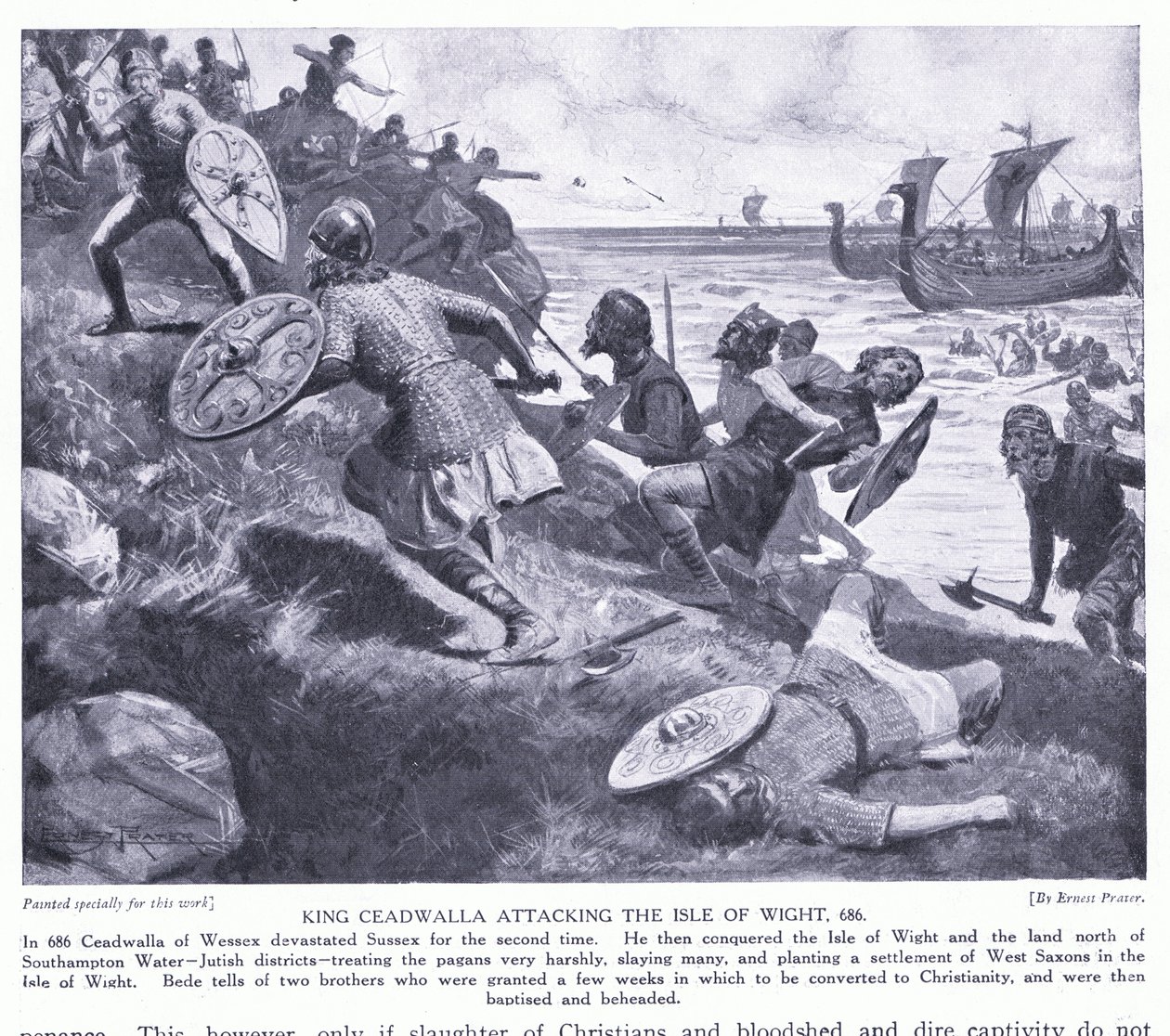 Ceadwalla király megtámadja a Wight-szigetet AD686, 1920-as évek alkotó: Ernest Prater