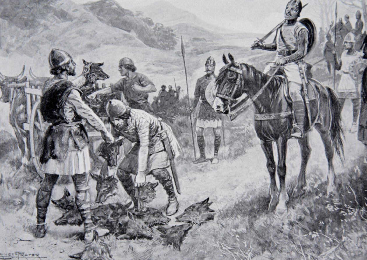 A walesiek a Farkasok előtt tisztelegnek Edgar előtt, illusztráció a „Hutchinson története a brit nemzetről”, 1923 körül alkotó: Ernest Prater